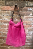 FUCHSIA Slouch leather bag, wide strap. Hot pink hobo bag. Soft genuine suede leather shopper w/accents in brown leather. Book, tablet bag.