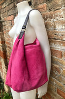 FUCHSIA Slouch leather bag, wide strap. Hot pink hobo bag. Soft genuine suede leather shopper w/accents in brown leather. Book, tablet bag.