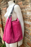 FUCHSIA Slouch leather bag, wide strap. Hot pink hobo bag. Soft genuine suede leather shopper w/accents in brown leather. Book, tablet bag.