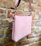 Suede leather bag in light pink. Cross body bag, shoulder bag in GENUINE leather. Small leather bag with adjustable strap and zipper.