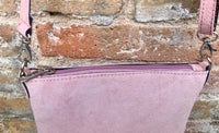 Suede leather bag in light pink. Cross body bag, shoulder bag in GENUINE leather. Small leather bag with adjustable strap and zipper.