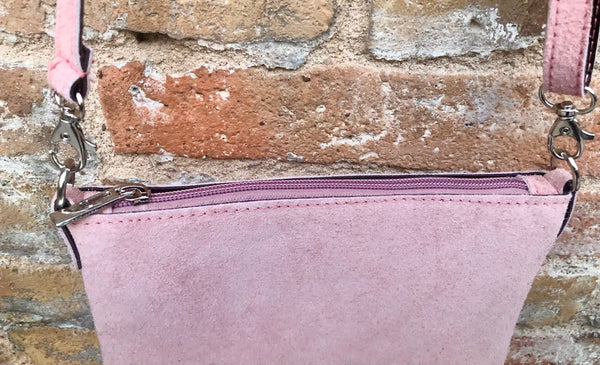 Genuine leather PINK bag with embroidered strap. GENUINE leather cross –  Handmade suede bags by Good Times Barcelona