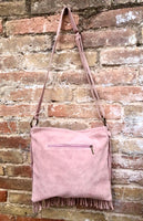 Cross body bag. BOHO suede leather bag in light PINK with FRINGES. Larger style. Genuine suede messenger bag Pink hippy bag in leatheri