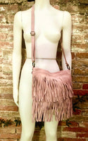 Cross body bag. BOHO suede leather bag in light PINK with FRINGES. Larger style. Genuine suede messenger bag Pink hippy bag in leatheri