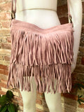 Cross body bag. BOHO suede leather bag in light PINK with FRINGES. Larger style. Genuine suede messenger bag Pink hippy bag in leatheri