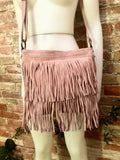 Cross body bag. BOHO suede leather bag in light PINK with FRINGES. Larger style. Genuine suede messenger bag Pink hippy bag in leatheri