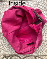 FUCHSIA Slouch leather bag, wide strap. Hot pink hobo bag. Soft genuine suede leather shopper w/accents in brown leather. Book, tablet bag.