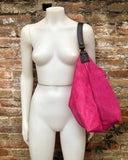 FUCHSIA Slouch leather bag, wide strap. Hot pink hobo bag. Soft genuine suede leather shopper w/accents in brown leather. Book, tablet bag.