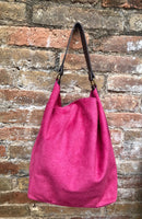 FUCHSIA Slouch leather bag, wide strap. Hot pink hobo bag. Soft genuine suede leather shopper w/accents in brown leather. Book, tablet bag.