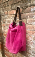 FUCHSIA Slouch leather bag, wide strap. Hot pink hobo bag. Soft genuine suede leather shopper w/accents in brown leather. Book, tablet bag.