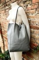 Tote leather bag in GRAY. Leather shopper in gray. Soft natural GENUINE leather . Large bag for your laptop, books. Gray leather shopper.