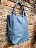 Tote leather bag in DENIM blue. GENUINE leather shopper bag. Large carry all bag for your laptop, books.BLUE - gray leather shouder tote bag