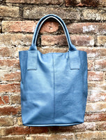 Tote leather bag in DENIM blue. GENUINE leather shopper bag. Large carry all bag for your laptop, books.BLUE - gray leather shouder tote bag