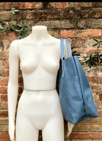 Tote leather bag in DENIM blue. GENUINE leather shopper bag. Large carry all bag for your laptop, books.BLUE - gray leather shouder tote bag