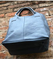 Tote leather bag in DENIM blue. GENUINE leather shopper bag. Large carry all bag for your laptop, books.BLUE - gray leather shouder tote bag