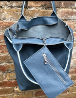 Tote leather bag in DENIM blue. GENUINE leather shopper bag. Large carry all bag for your laptop, books.BLUE - gray leather shouder tote bag