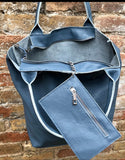 Tote leather bag in DENIM blue. GENUINE leather shopper bag. Large carry all bag for your laptop, books.BLUE - gray leather shouder tote bag