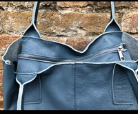 Tote leather bag in DENIM blue. GENUINE leather shopper bag. Large carry all bag for your laptop, books.BLUE - gray leather shouder tote bag