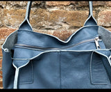 Tote leather bag in DENIM blue. GENUINE leather shopper bag. Large carry all bag for your laptop, books.BLUE - gray leather shouder tote bag