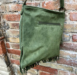 Cross body fringe bag. BOHO suede leather bag in GREEN with FRINGES. Larger model. genuine suede crossbody hippy bag. Green fringed bag