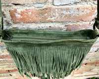 Cross body fringe bag. BOHO suede leather bag in GREEN with FRINGES. Larger model. genuine suede crossbody hippy bag. Green fringed bag