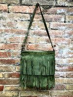 Cross body fringe bag. BOHO suede leather bag in GREEN with FRINGES. Larger model. genuine suede crossbody hippy bag. Green fringed bag