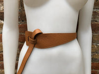 Leather 80s style obi belt . Wrap belt in camel BROWN. Waist belt in genuine leather. Saddle brown wraparound belt.Tobacco Brown dress belt