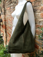 Green slouch bag. Large TOTE leather bag in dark green. Soft natural suede genuine leather shopper.  Boho carry all bag. Book or laptop bag