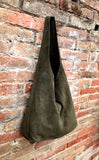 Green slouch bag. Large TOTE leather bag in dark green. Soft natural suede genuine leather shopper.  Boho carry all bag. Book or laptop bag