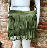 Cross body fringe bag. BOHO suede leather bag in GREEN with FRINGES. Larger model. genuine suede crossbody hippy bag. Green fringed bag