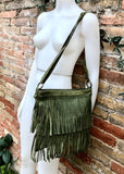 Cross body fringe bag. BOHO suede leather bag in GREEN with FRINGES. Larger model. genuine suede crossbody hippy bag. Green fringed bag