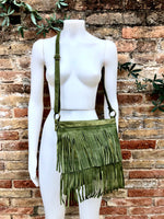 Cross body fringe bag. BOHO suede leather bag in GREEN with FRINGES. Larger model. genuine suede crossbody hippy bag. Green fringed bag