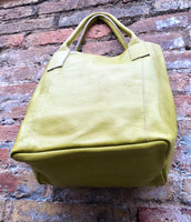 Tote leather bag in LIME yellow.Genuine leather shopper. Large carry all bag for your laptop, books. Light green-yellow leather shoulder bag