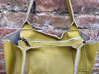 Tote leather bag in LIME yellow.Genuine leather shopper. Large carry all bag for your laptop, books. Light green-yellow leather shoulder bag