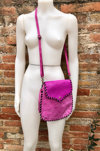 Leather Cross Body Bag Fuchsia Leather Shoulder Bag 