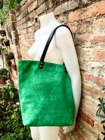 Large TOTE leather bag in moss green. Soft natural suede genuine leather bag. Lined GREEN suede purse. Shoulder + crossbody longer strap.