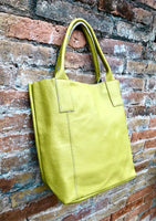 Tote leather bag in LIME yellow.Genuine leather shopper. Large carry all bag for your laptop, books. Light green-yellow leather shoulder bag