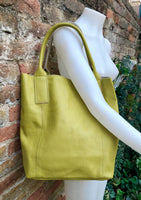 Tote leather bag in LIME yellow.Genuine leather shopper. Large carry all bag for your laptop, books. Light green-yellow leather shoulder bag