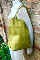 Tote leather bag in LIME yellow.Genuine leather shopper. Large carry all bag for your laptop, books. Light green-yellow leather shoulder bag