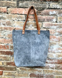 Large TOTE leather bag in dark GRAY. Soft natural suede bag.  Genuine leather shopper.  Laptop or book  bag in suede.  Large crossbody bag.