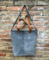 Large TOTE leather bag in dark GRAY. Soft natural suede bag.  Genuine leather shopper.  Laptop or book  bag in suede.  Large crossbody bag.