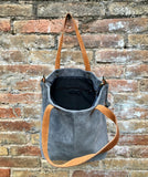 Large TOTE leather bag in dark GRAY. Soft natural suede bag.  Genuine leather shopper.  Laptop or book  bag in suede.  Large crossbody bag.