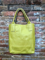 Tote leather bag in LIME yellow.Genuine leather shopper. Large carry all bag for your laptop, books. Light green-yellow leather shoulder bag