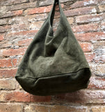 Green slouch bag. Large TOTE leather bag in dark green. Soft natural suede genuine leather shopper.  Boho carry all bag. Book or laptop bag