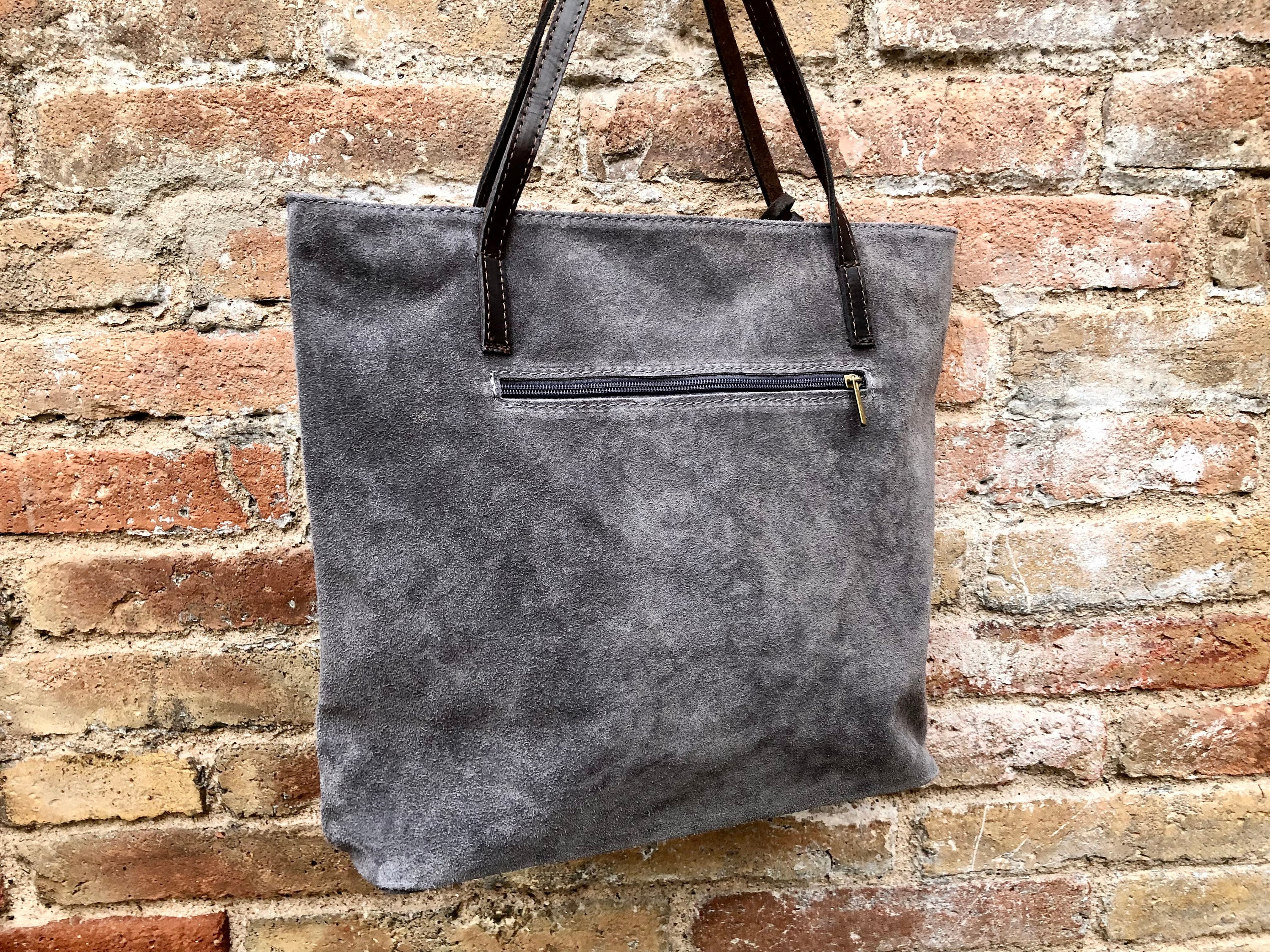 TOTE leather bag in GRAY . Genuine soft natural suede. Grey genuine leather SHOPPER bag. Laptop bag, book or tablet bag in soft suede.