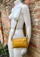 Small leather bag in MUSTARD  YELLOW .Cross body bag, shoulder bag or wristlet in GENUINE  leather. Yellow bag with adjustable strap