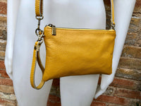 Small leather bag in MUSTARD  YELLOW .Cross body bag, shoulder bag or wristlet in GENUINE  leather. Yellow bag with adjustable strap