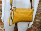 Small leather bag in MUSTARD  YELLOW .Cross body bag, shoulder bag or wristlet in GENUINE  leather. Yellow bag with adjustable strap