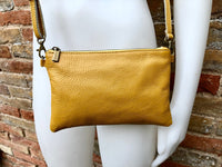 Small leather bag in MUSTARD  YELLOW .Cross body bag, shoulder bag or wristlet in GENUINE  leather. Yellow bag with adjustable strap