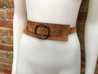 Boho 70s , 80s style CAMEL brown suede OBI belt. Wrap belt in  natural soft suede.  waist belt. Brown wraparound  belt in genuine leather